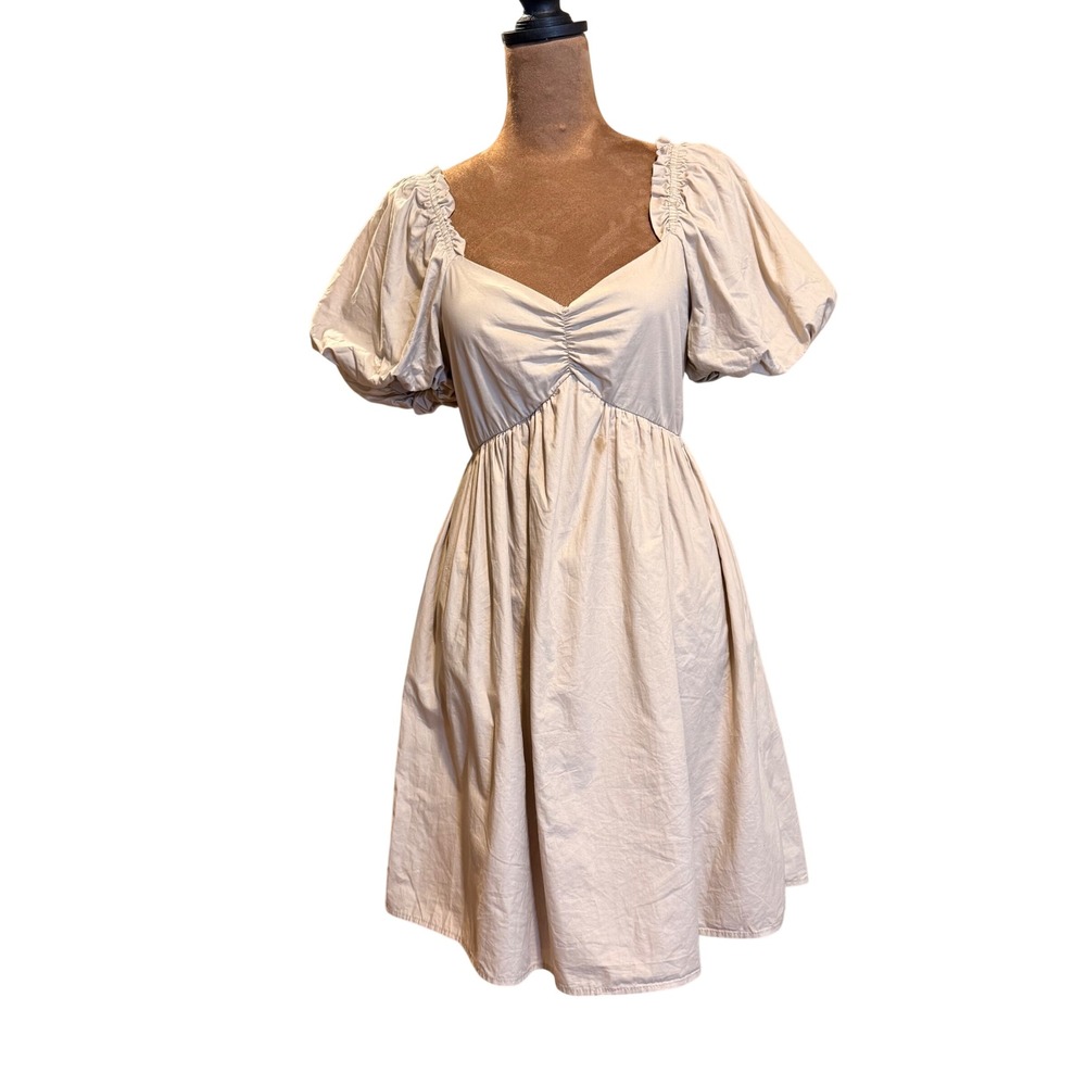 Urban Rose Mini Dress Womens M Tan‎ Puff Sleeve Babydoll Milkmaid Cottagecore